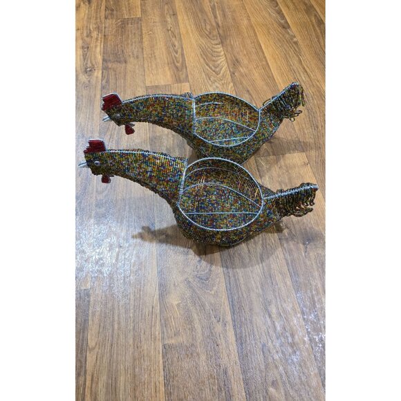 Set Of 2 Handmade Beaded Wire Chicken Baskets For Decor Or Storage - Picture 1 of 12